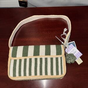 Green & White Striped Shoulder Bag with Cream Trim